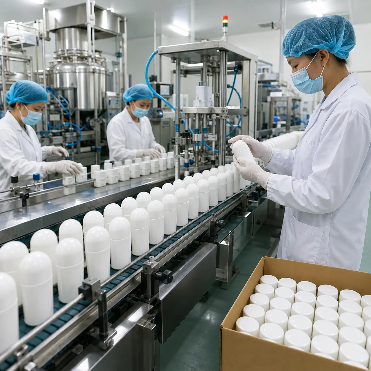 Workers in lab coats and gloves inspecting a production line for pill containers in a pharmaceutical factory setting.